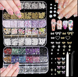 Charms do paznokci, 6 Boxen Gold Silber Nagel Charms 3D Gold Bogen Stern Nail Art Dekoration + 6200 Strasssteine ​​​​Bunt Steine ​​AB Perlen Diamanten, 3D Legierung Bow Nail Gems Nagel Deko Für Frauen Nagel (6-A)