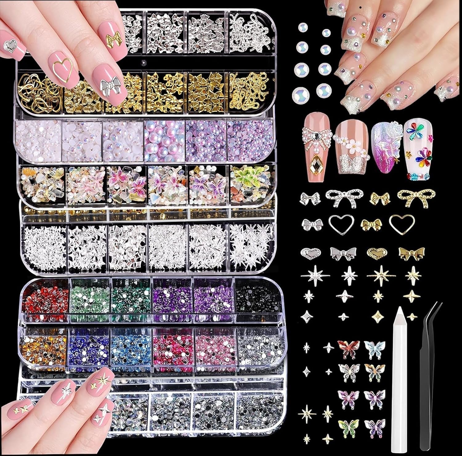 Charms do paznokci, 6 Boxen Gold Silber Nagel Charms 3D Gold Bogen Stern Nail Art Dekoration + 6200 Strasssteine ​​​​Bunt Steine ​​AB Perlen Diamanten, 3D Legierung Bow Nail Gems Nagel Deko Für Frauen Nagel (6-A)