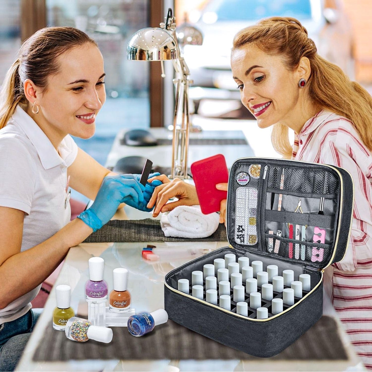 Organizer na lakier do paznokci Tasche, Doppelschicht Pudełko do przechowywania lakieru do paznokci, Organizer Koffer Für Nageldesign Kosmetiktasche Für 30 Flaschen Neonail Base (15Ml-0,5 Fl.Oz) i 1 lampa do paznokci (Schwarz)