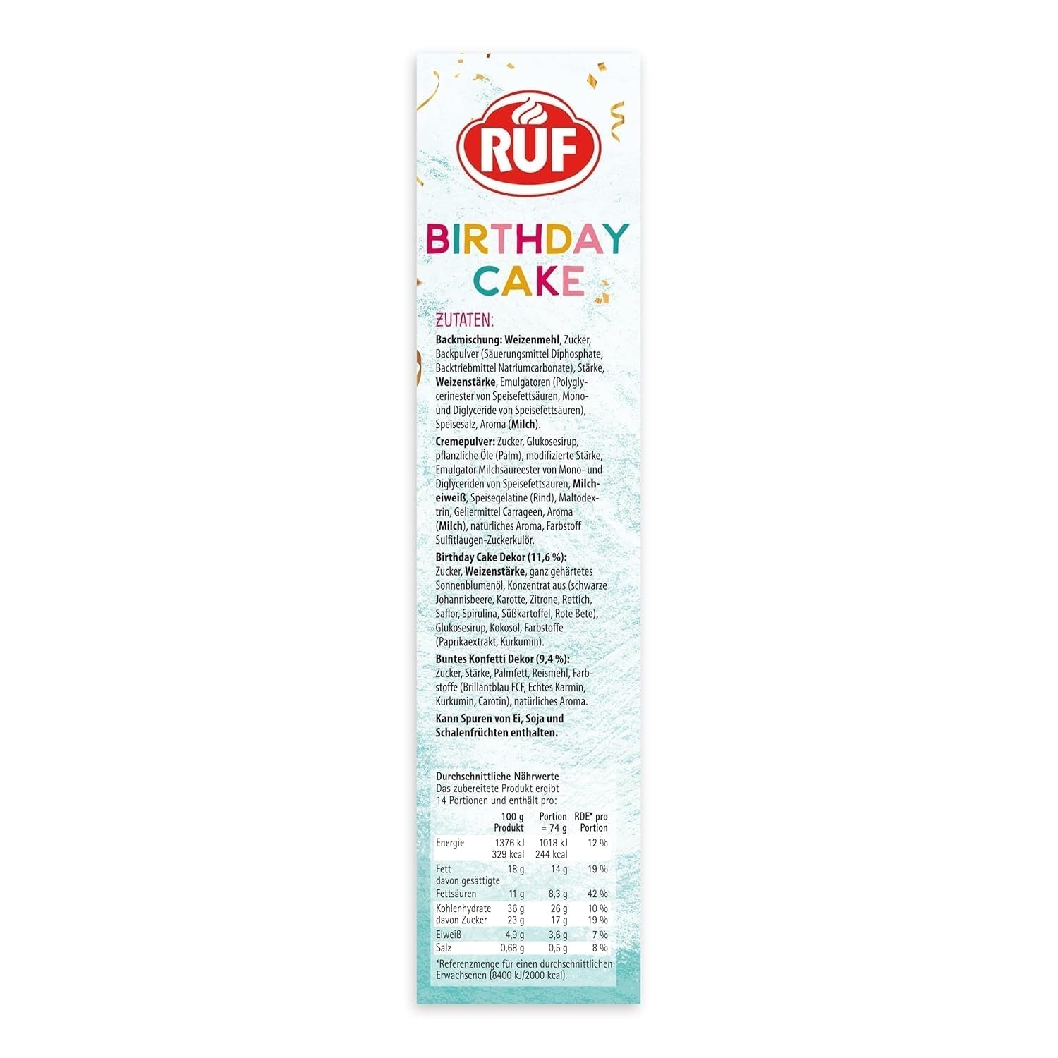 Tort urodzinowy RUF, Geburtstagskuchen, Schicht-Torte Aus Rührteig Und Konfetti-Streusel, Tortencreme Und Buntem Dekor-Mix, Für Kindergeburtstag, Familienfeier, Einschulung, 1X425G Lukier i dekoracje Naty Shop