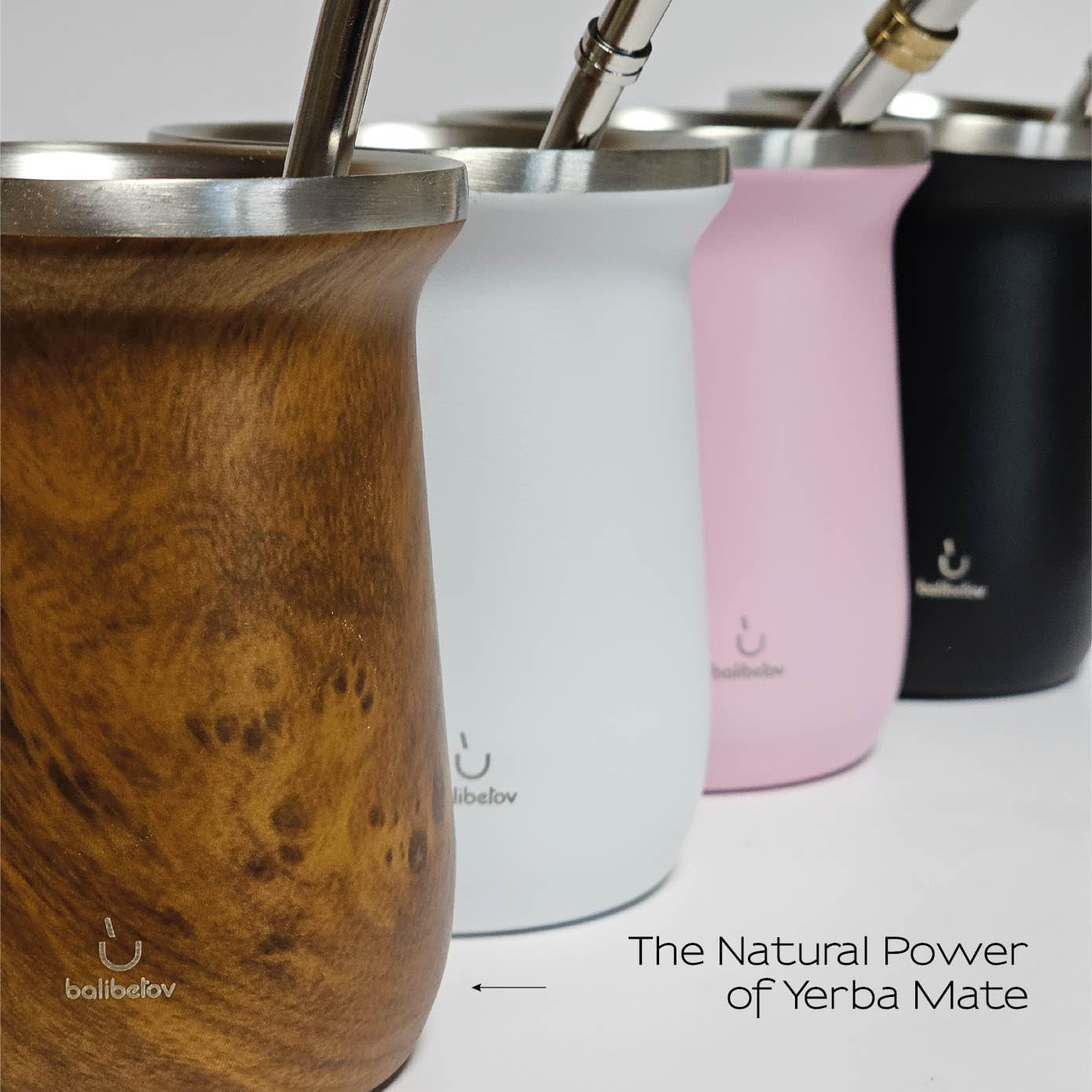 Zestaw do herbaty Yerba Mate balibetov (filiżanka Mate) wykonany ze stali nierdzewnej z bombillą (słomką) do mate, Łatwy w czyszczeniu i bardzo trwały Zestaw do Yerba Mate (DREWNO)
