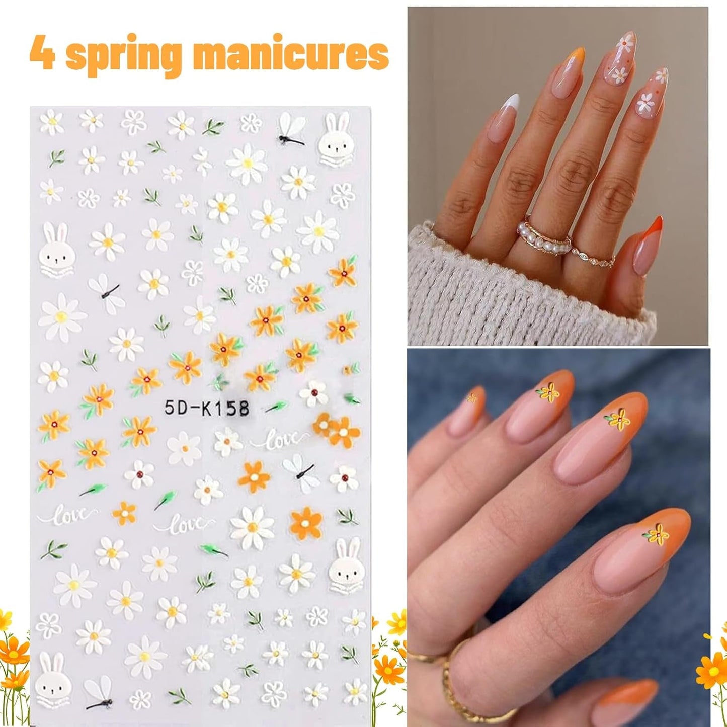 Zestaw Nagelsticker Für Einzigartiges Nageldesign, 4 Blatt Frühlingsthemen Nail Art Zubehör, Perfekt Für 3D Gel Nägel i paski żelowe UV