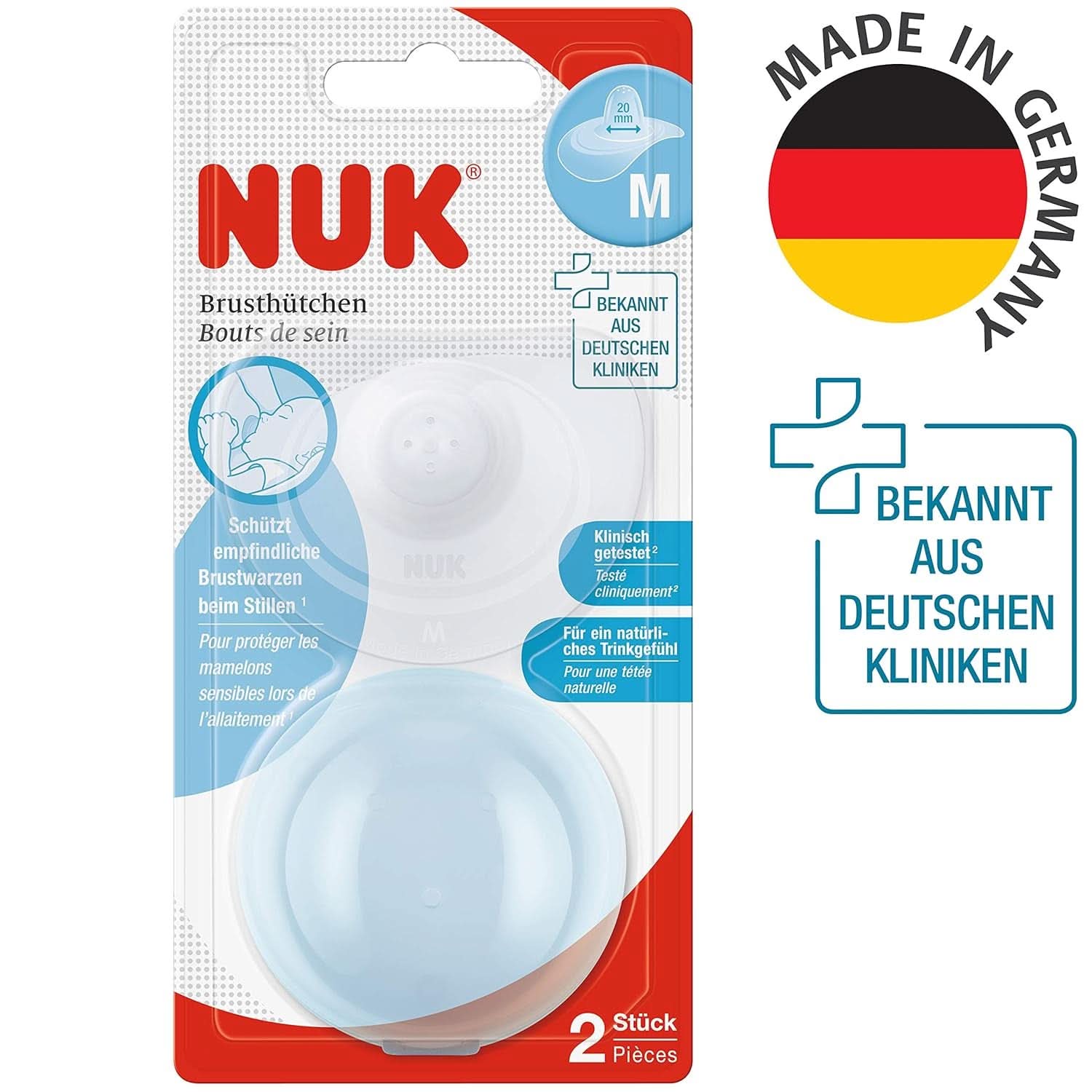 NUK Stillhütchen | Brusthütchen Zum Stillen | Schützt Vor Wunden Brustwarzen | Dünnes Silikon | Duży M (20Mm) | Łącznie z Schutzdozą | 2 Stück Żywność dla niemowląt i akcesoria do karmienia piersią Naty Shop