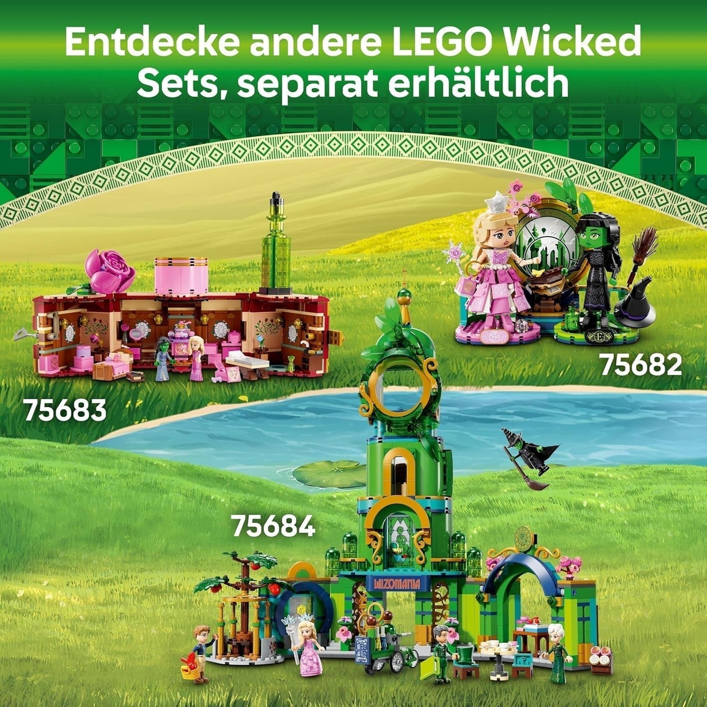 LEGO Wicked Wieża Witamy w Szmaragdowym Mieście, minilaleczki Glinda i Elphaba, prezent dla fanów filmu oraz dziewcząt i chłopców od 9. roku życia, którzy uwielbiają domki dla lalek 75684 Zestawy do budowania Besuche den LEGO-Store