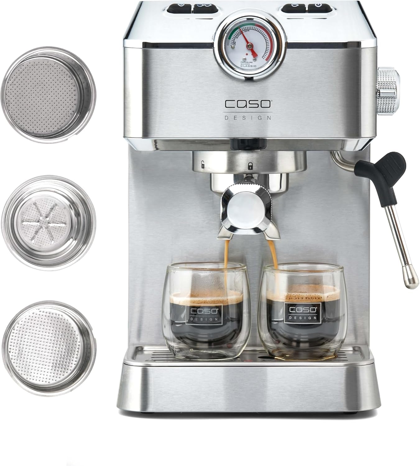 Caso Espresso Gourmet - Ekspres do kawy z kolbą ze stali nierdzewnej, wydajna pompa Ulka 19 Bar, ze spieniaczem do mleka, do kawy mielonej lub kapsułek z kawą ESE, na 2 filiżanki, z podgrzewaczem do filiżanek