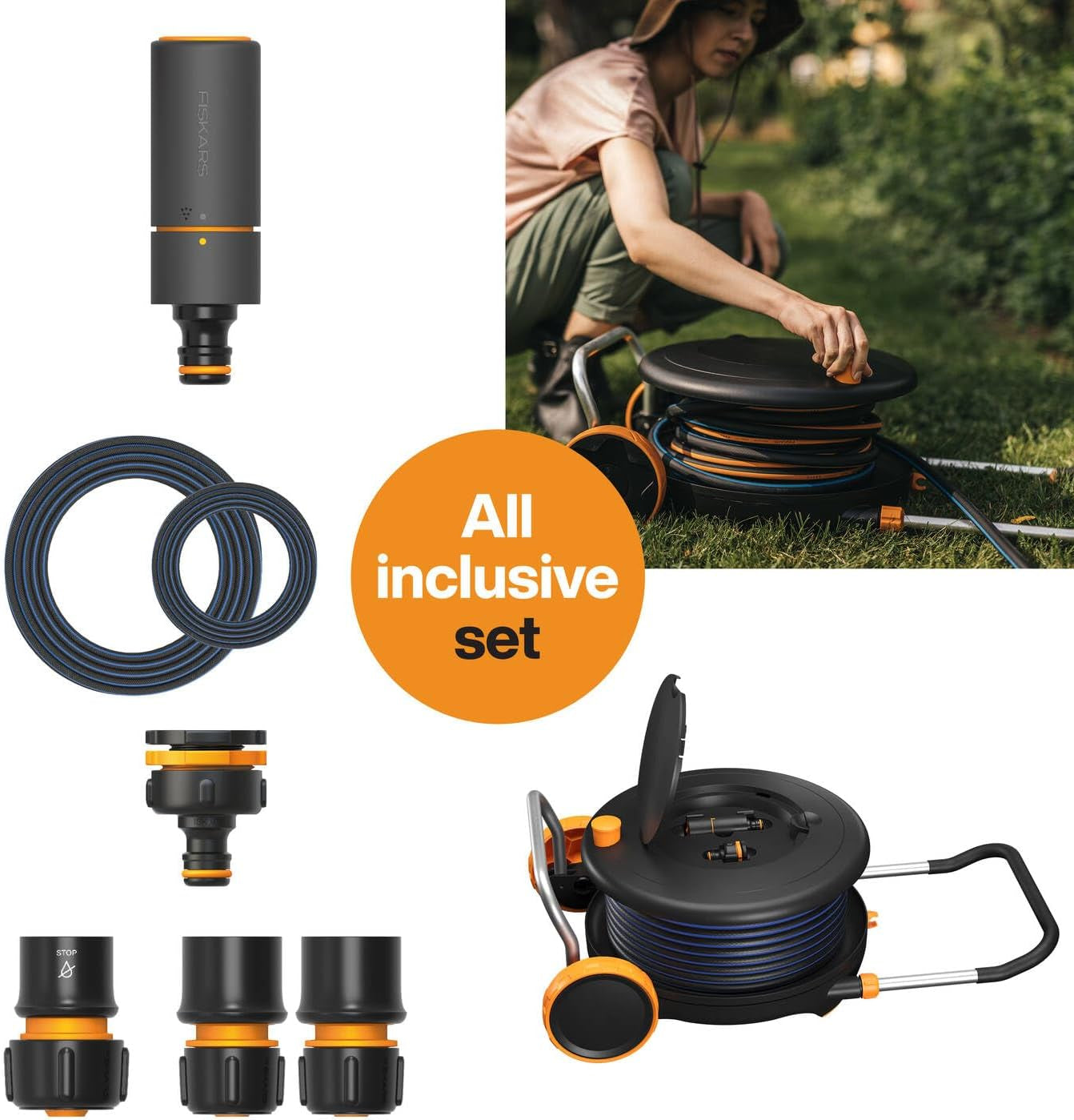 Koło wodne Fiskars Comfort L z kołami, kompleksowy zestaw do podlewania, całkowity zasięg 31,5 m, automatyczne zwijanie, uniwersalny wąż ogrodowy (Ř 13 mm), uniwersalne przyłącze do kranu, 1071670