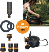 Koło wodne Fiskars Comfort L z kołami, kompleksowy zestaw do podlewania, całkowity zasięg 31,5 m, automatyczne zwijanie, uniwersalny wąż ogrodowy (Ř 13 mm), uniwersalne przyłącze do kranu, 1071670