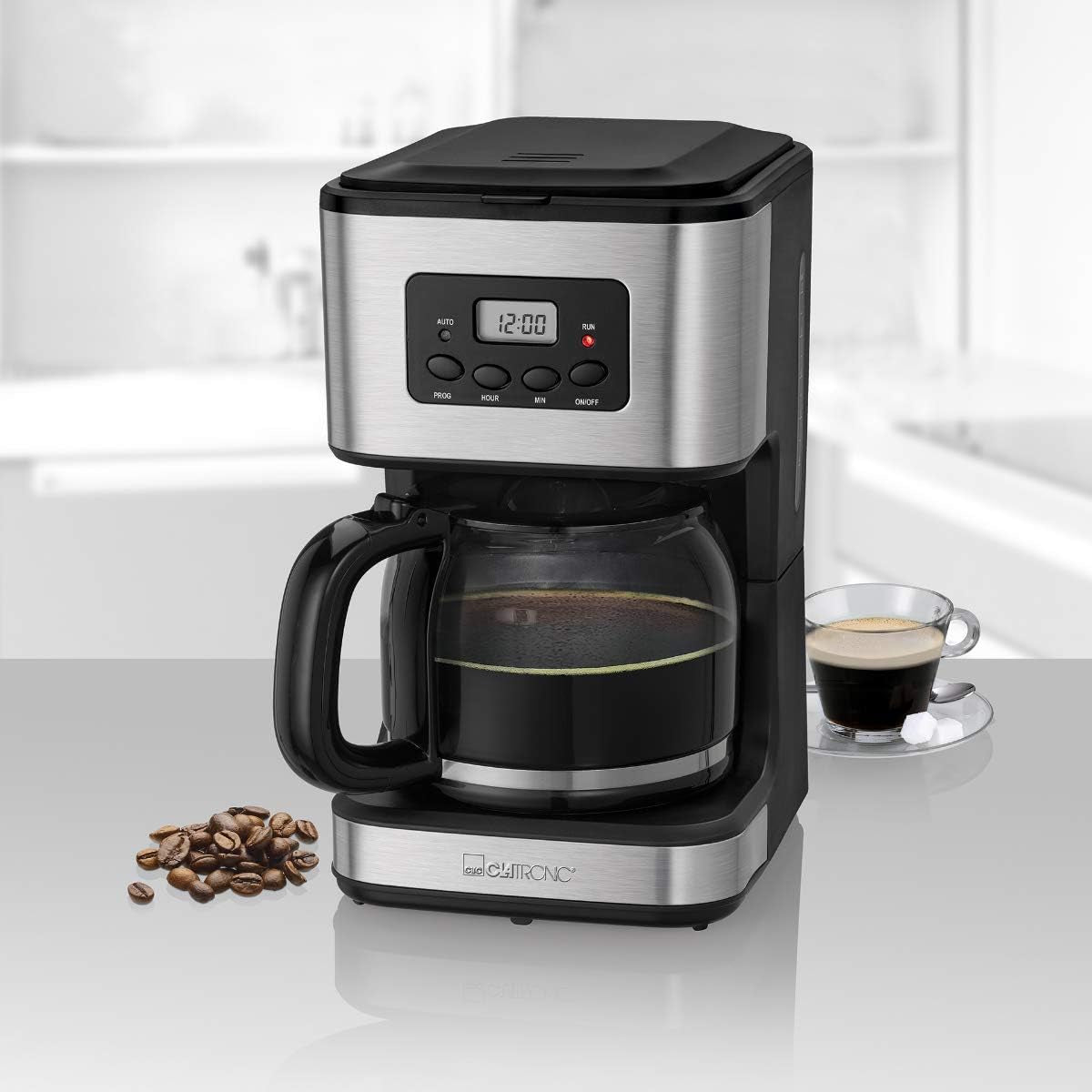 Ekspres do kawy Clatronic® z timerem, karafka 1,5 litra na 12-14 filiżanek kawy, 24-godzinny timer LCD, funkcja utrzymywania ciepła, zabezpieczenie przed kapaniem, wyjmowany filtr, wyświetlacz i lampki kontrolne, 900W - KA 3642