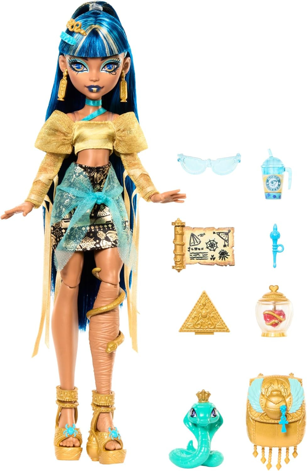 Lalka Monster High Cleo De Nile w złotej bluzce i warstwowej spódnicy, zawiera kobrę Hissette i akcesoria, takie jak tornister, przekąskę i rolkę papieru toaletowego, HXH74