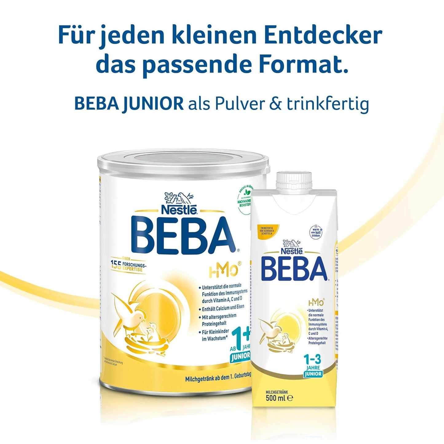 BEBA Junior Gotowy do spożycia napój mleczny dla dzieci 1-3 lat, z HMO, zawartość białka dostosowana do wieku, bez oleju palmowego, bez oleju rybnego, żywność dla małych dzieci, opakowanie 12 szt. (12 x 500 ml)
