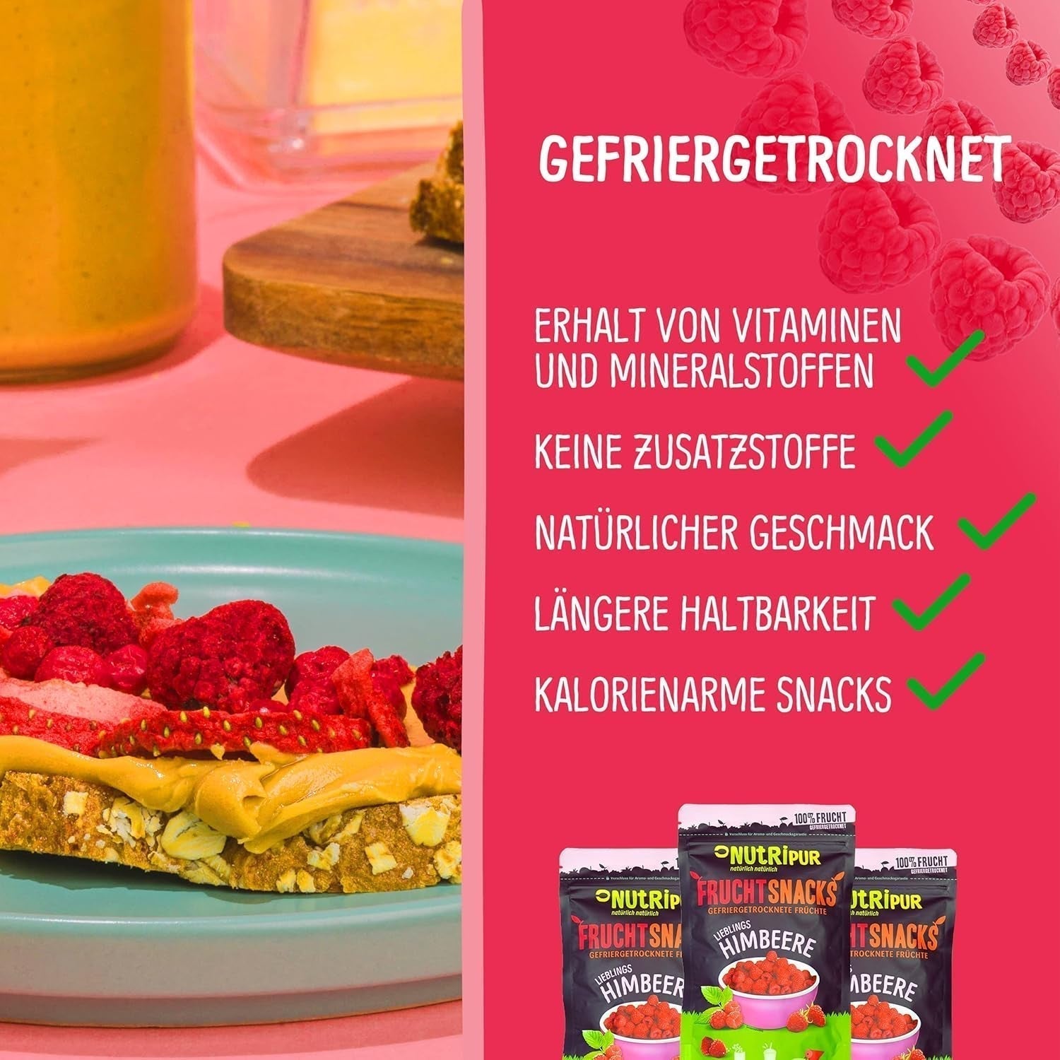 Owoce liofilizowane: 100g malin liofilizowanych do smoothie, musli, polewy do owsianek - jagody liofilizowane bez dodatku cukru - jagody liofilizowane - owoce od NutriPur Produkty odwodnione Naty Shop