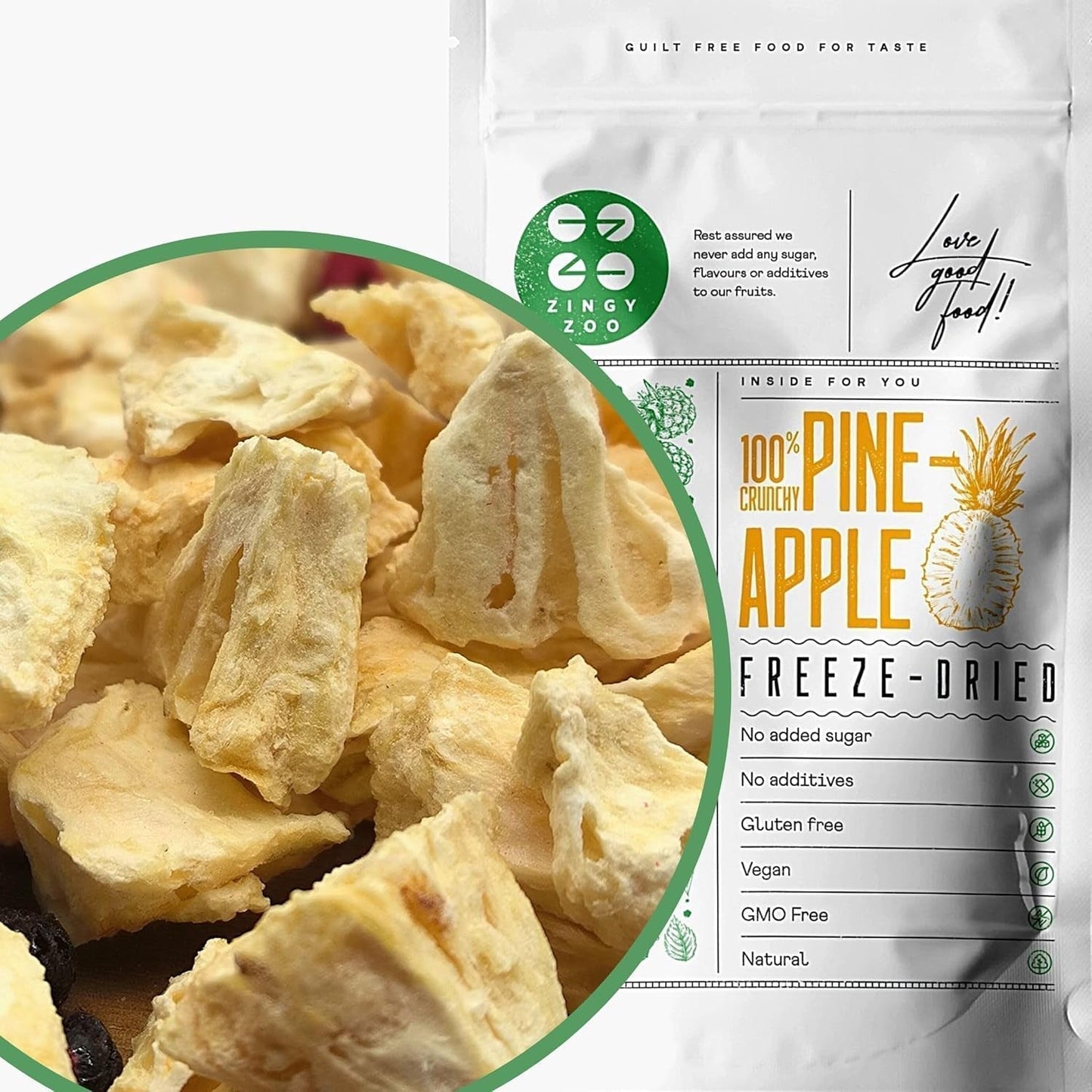 Owoce liofilizowane | Ananas 100% czysty Owoce liofilizowane Ananas liofilizowany | Owoce liofilizowane bez dodatku cukru | Chrupiący ananas liofilizowany - aromatyczny - pyszny ZingyZoo Produkty suszone Naty Shop 100G