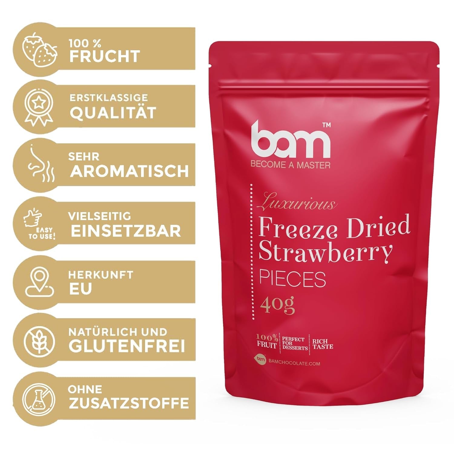 Owoce liofilizowane BAM 40 gram, owoce naturalne, doskonałe desery, bogaty smak (truskawka) Produkty suszone Naty Shop