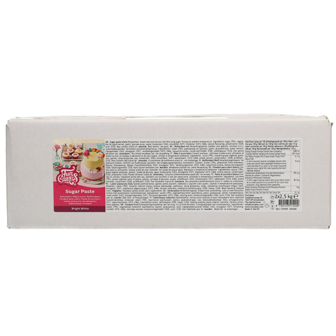 FunCakes Roll Fondant Bright White: Łatwy w użyciu, gładki, elastyczny, miękki i giętki, idealny do dekoracji ciast, halal, koszerny i bezglutenowy. 5 kg (2 Ã- 2,5 kg) Naty Shop Default Title Pasta cukrowa