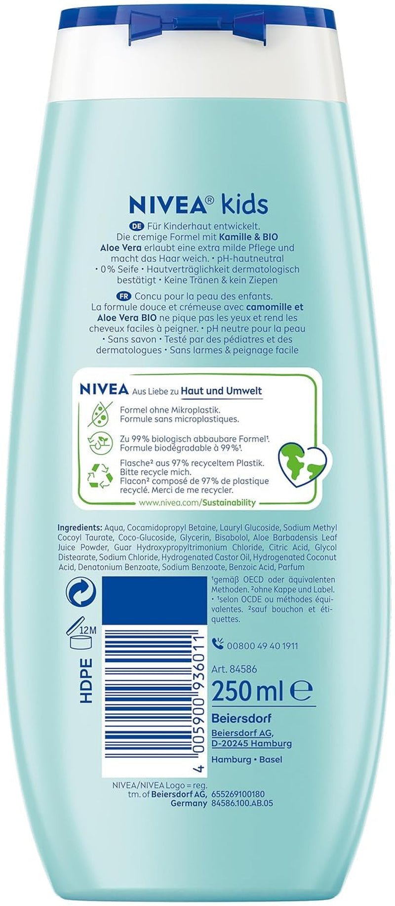 Żel pod prysznic, szampon i odżywka NIVEA KIDS 3w1, pielęgnacja i oczyszczanie dla dzieci o magicznym zapachu jabłka, wyjątkowo łagodna pielęgnacja włosów i skóry dzieci, niezawierająca mydła (250 ml) Dzieci - Kąpiel i Pielęgnacja Naty Shop