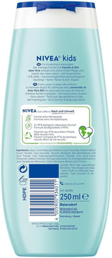 Żel pod prysznic, szampon i odżywka NIVEA KIDS 3w1, pielęgnacja i oczyszczanie dla dzieci o magicznym zapachu jabłka, wyjątkowo łagodna pielęgnacja włosów i skóry dzieci, niezawierająca mydła (250 ml) Dzieci - Kąpiel i Pielęgnacja Naty Shop
