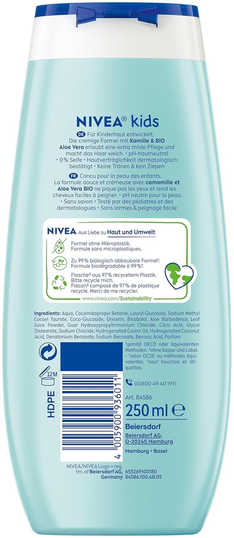 Żel pod prysznic, szampon i odżywka NIVEA KIDS 3w1, pielęgnacja i oczyszczanie dla dzieci o magicznym zapachu jabłka, wyjątkowo łagodna pielęgnacja włosów i skóry dzieci, niezawierająca mydła (250 ml) Dzieci - Kąpiel i Pielęgnacja Naty Shop