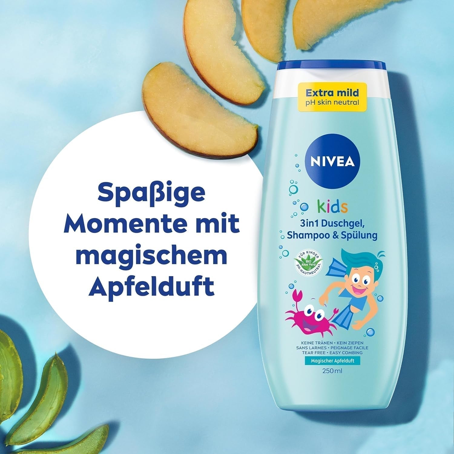 Żel pod prysznic, szampon i odżywka NIVEA KIDS 3w1, pielęgnacja i oczyszczanie dla dzieci o magicznym zapachu jabłka, wyjątkowo łagodna pielęgnacja włosów i skóry dzieci, niezawierająca mydła (250 ml) Dzieci - Kąpiel i Pielęgnacja Naty Shop