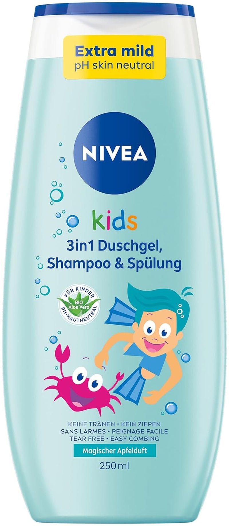 Żel pod prysznic, szampon i odżywka NIVEA KIDS 3w1, pielęgnacja i oczyszczanie dla dzieci o magicznym zapachu jabłka, wyjątkowo delikatna pielęgnacja włosów i skóry dzieci bez mydła (250 ml) Dzieci - Kąpiel i pielęgnacja skóry Naty Shop Zapach jabłka - 0 mikroplastików