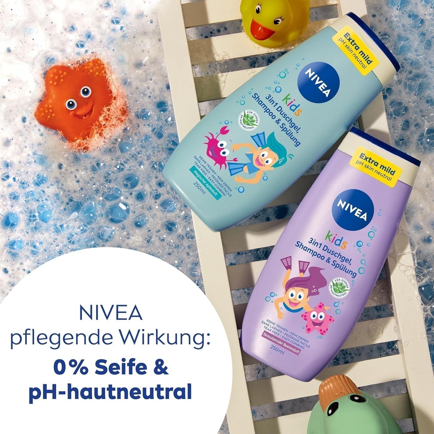 Żel pod prysznic, szampon i odżywka NIVEA KIDS 3w1, pielęgnacja i oczyszczanie dla dzieci o magicznym zapachu jabłka, wyjątkowo łagodna pielęgnacja włosów i skóry dzieci, niezawierająca mydła (250 ml) Dzieci - Kąpiel i Pielęgnacja Naty Shop