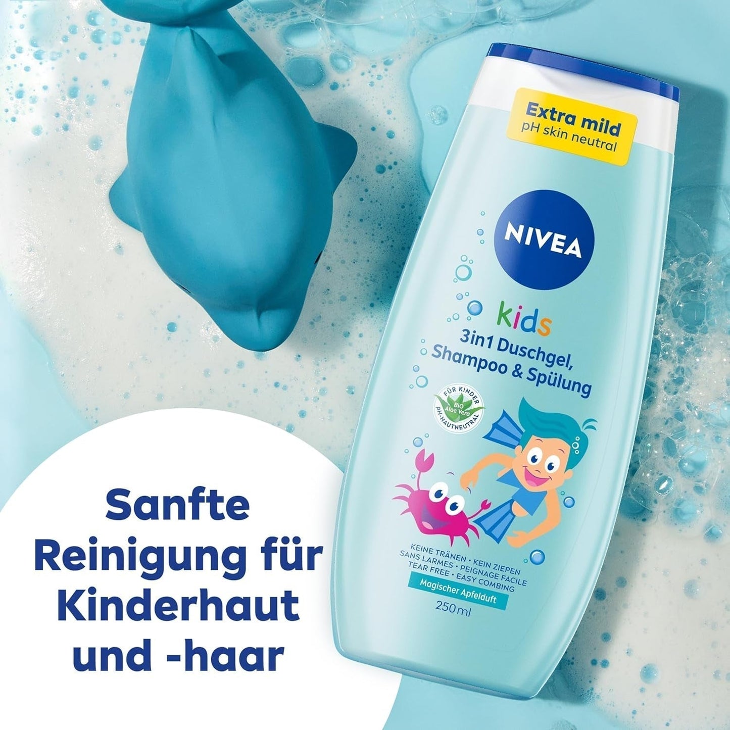Żel pod prysznic, szampon i odżywka NIVEA KIDS 3w1, pielęgnacja i oczyszczanie dla dzieci o magicznym zapachu jabłka, wyjątkowo łagodna pielęgnacja włosów i skóry dzieci, niezawierająca mydła (250 ml) Dzieci - Kąpiel i Pielęgnacja Naty Shop