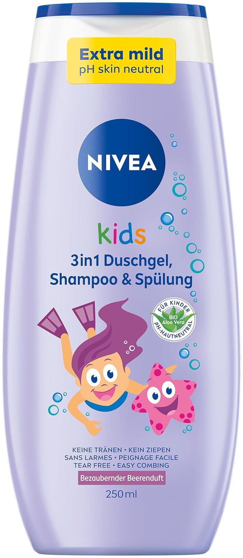 Żel pod prysznic, szampon i odżywka NIVEA KIDS 3w1, pielęgnacja i oczyszczanie dla dzieci o magicznym zapachu jabłka, wyjątkowo łagodna pielęgnacja włosów i skóry dzieci, niezawierająca mydła (250 ml) Dzieci - Kąpiel i pielęgnacja Naty Shop 250ml