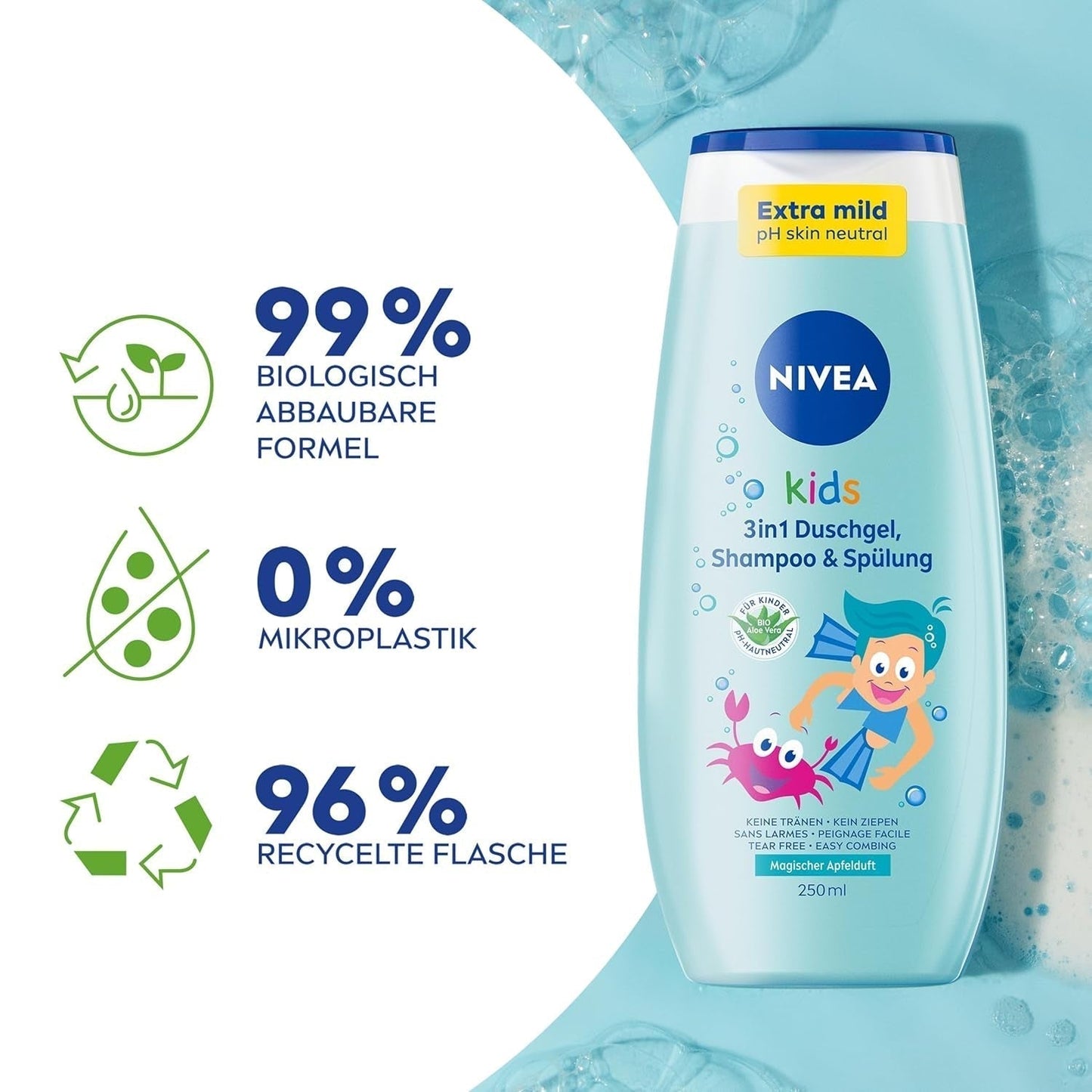 Żel pod prysznic, szampon i odżywka NIVEA KIDS 3w1, pielęgnacja i oczyszczanie dla dzieci o magicznym zapachu jabłka, wyjątkowo łagodna pielęgnacja włosów i skóry dzieci, niezawierająca mydła (250 ml) Dzieci - Kąpiel i Pielęgnacja Naty Shop