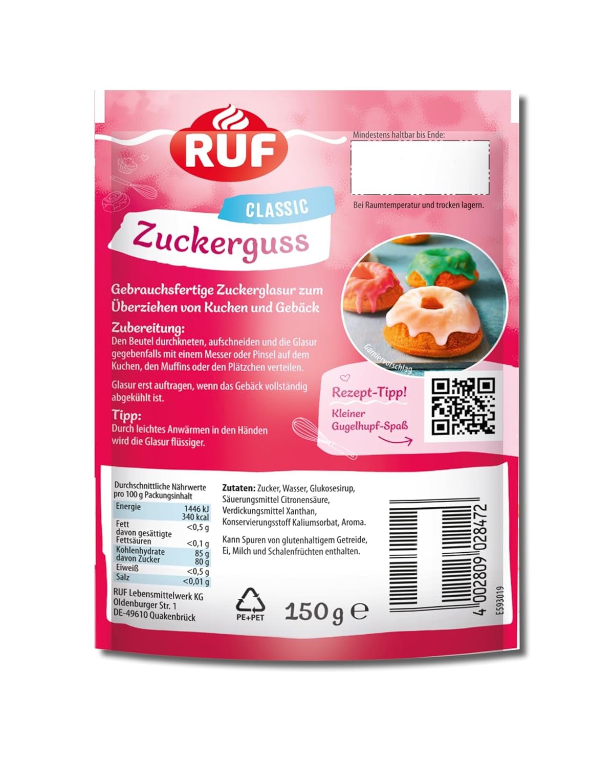 Gotowa do użycia polewa RUF, do natychmiastowego użycia, bez mieszania, polewa do ciastek i ciast, jako baza cukrowa lub do barwienia i aromatyzowania, 1 x 150g (opakowanie 4 szt.) Naty Shop Pasta cukrowa