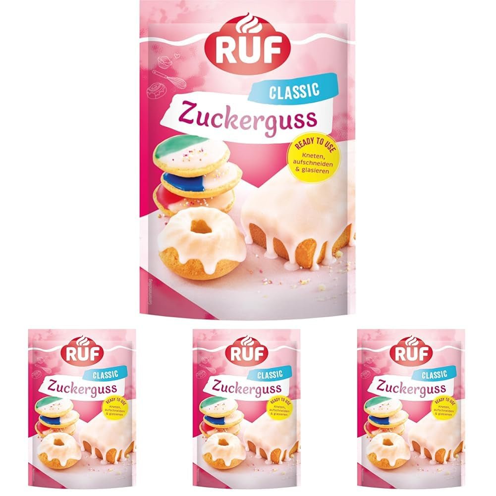 Polewa RUF gotowa do użycia, do użycia od razu, bez mieszania, polewa do ciastek i ciast, jako baza do posypania cukrem lub do barwienia i aromatyzowania, 1 x 150g (opakowanie 4 szt.) Naty Shop Pasta cukrowa 150 g (opakowanie 4 szt.) Biała