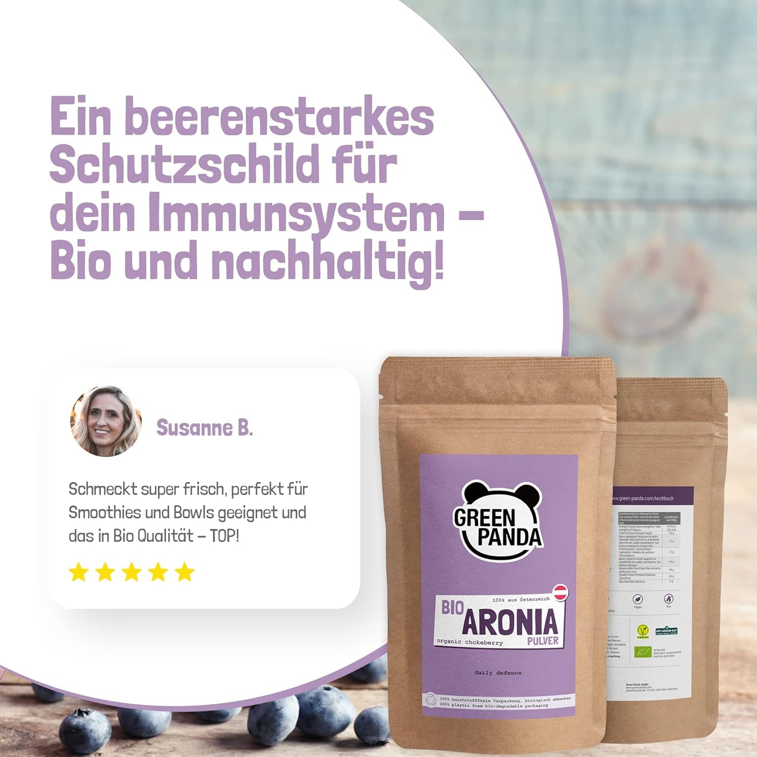 GREEN PANDA® organiczny proszek z aronii z Austrii | drobno zmielona suszona aronia | ekologiczna aronia bez dodatków | regionalna alternatywa dla proszku acai i jagód goji | 500g Naty Shop produkty suszone