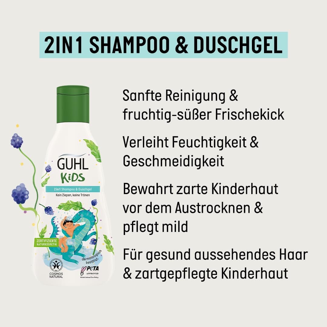 Zestaw korzyści Guhl Kids Dino - 2x szampon i żel pod prysznic Guhl Kids 2 w 1, 250 ml + 1x książeczka Pixi - Specjalnie opracowany dla dzieci - Bez ciągnięcia - Certyfikat Cosmos Natural Children - Kąpiel i pielęgnacja skóry Naty Shop