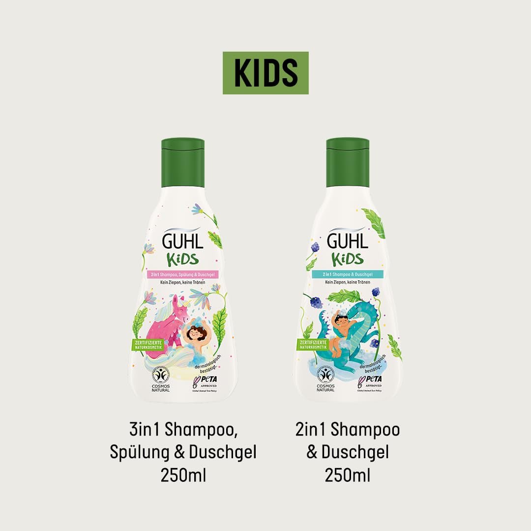 Zestaw korzyści Guhl Kids Dino - 2x szampon i żel pod prysznic Guhl Kids 2 w 1, 250 ml + 1x książeczka Pixi - Specjalnie opracowany dla dzieci - Bez ciągnięcia - Certyfikat Cosmos Natural Children - Kąpiel i pielęgnacja skóry Naty Shop