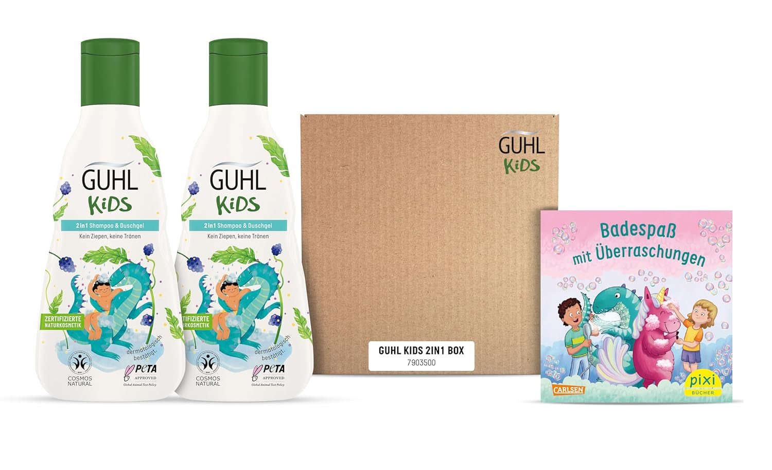 Zestaw korzyści Guhl Kids Dino - 2x szampon i żel pod prysznic Guhl Kids 2 w 1, 250 ml + 1x książeczka Pixi - Specjalnie opracowany dla dzieci - Bez ciągnięcia - Certyfikat Cosmos Natural Children - Kąpiel i pielęgnacja skóry Naty Shop