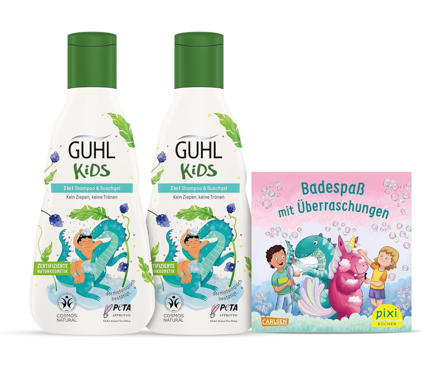 Zestaw korzyści Guhl Kids Dino - 2x szampon i żel pod prysznic Guhl Kids 2 w 1, 250 ml + 1x książka Pixi - Specjalnie opracowany dla dzieci - Bez ciągnięcia - Certyfikat Cosmos Natural Children - Kąpiel i pielęgnacja skóry Naty Shop Domyślny tytuł