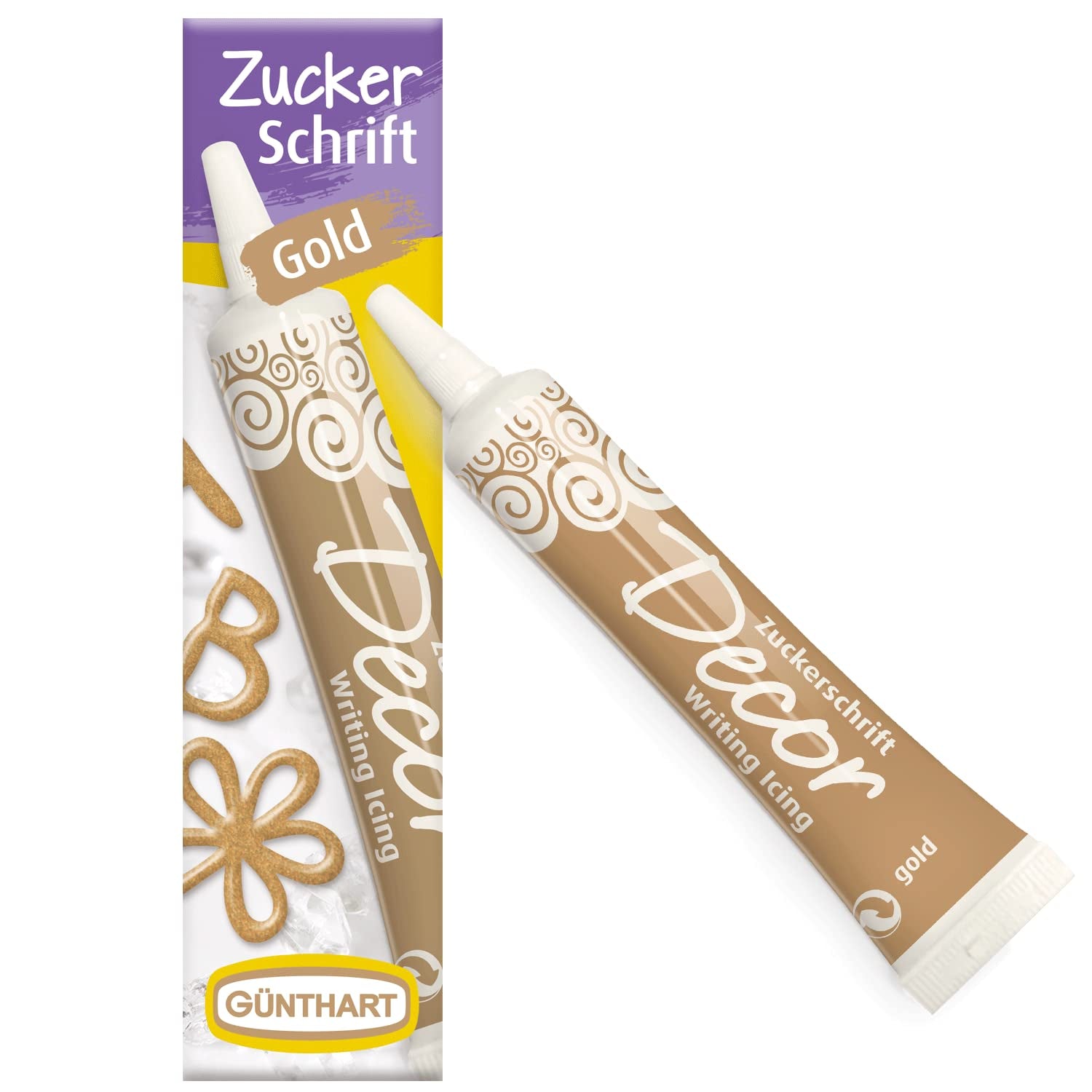 Günthart BackDecor 25 g BIAŁE litery cukrowe do dowolnego deseru w kolorze białego cukru dla pięknych liter i wzorów, 1 opakowanie (25 g) Pasta cukrowa Naty Shop Małe złote litery cukrowe