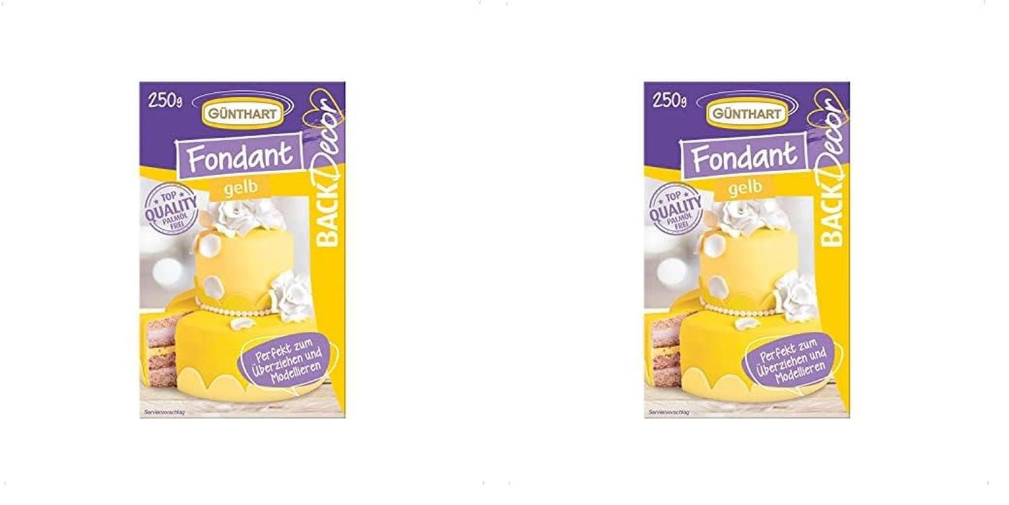 Günthart BackDecor 250 Fondant Green 100% wegański olej palmowy Odporny na rozdarcie Do pokrywania ciast i wypieków Nadaje się do modelowania 1 opakowanie (1 x 250 g) Naty Shop Pasta cukrowa 250 g (2 sztuki w opakowaniu) Żółty