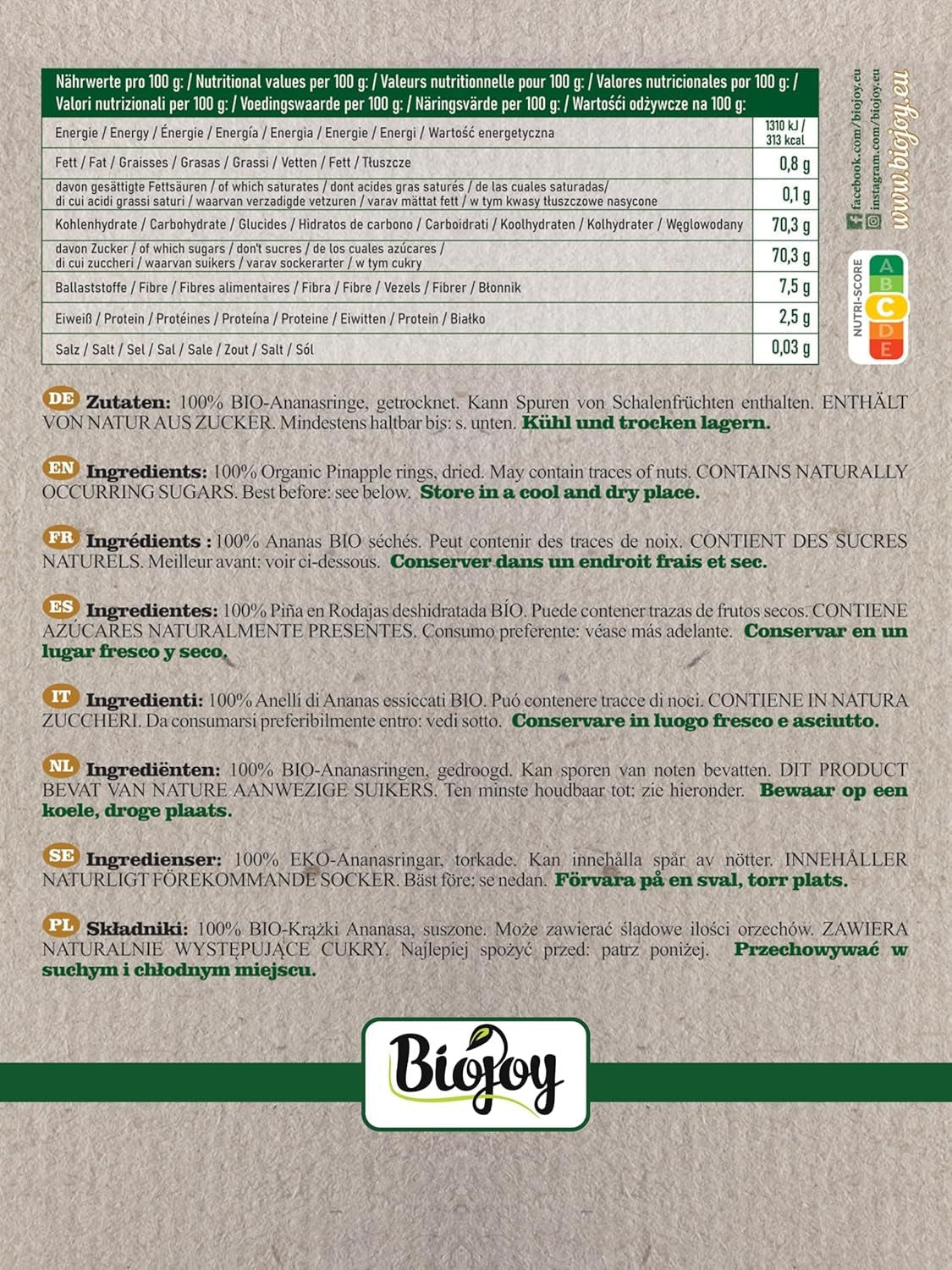 Biojoy BIO krążki ananasa, suszone (1 kg), niesiarkowane Produkty suszone Naty Shop
