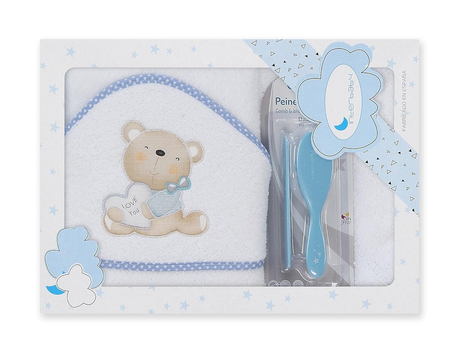 Interbaby P1177-11 Ręcznik kąpielowy z kapturem dla dzieci LOVE YOU biało-niebieski z grzebieniem i szczoteczką, niebieski Dzieci - Kąpiel i pielęgnacja skóry Naty Shop Domyślny tytuł
