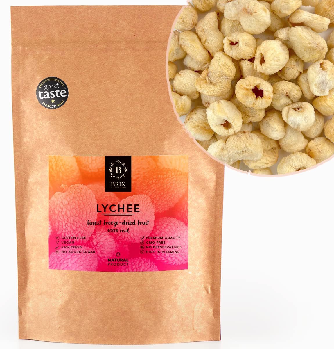 Suszona liczi BRIX | Naturalne liczi, suszone 95 g | Nagroda Great Taste dla suszonych owoców | Bez GMO, bezglutenowe, wegańskie, z konserwowanymi witaminami Naty Shop Produkty suszone Domyślny tytuł