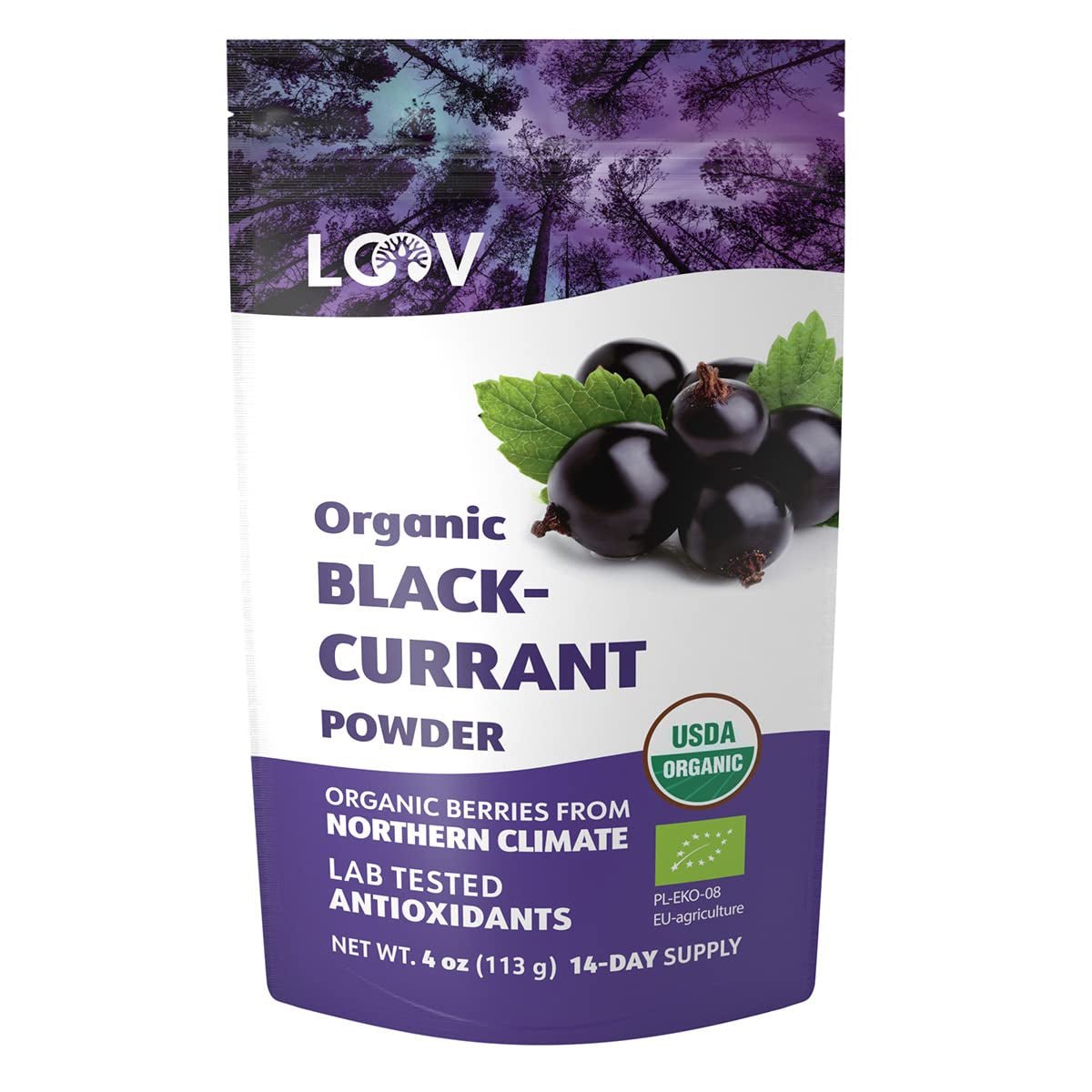 LOOV Organiczna czarna porzeczka w proszku, wyprodukowana w 100% z całych czarnych porzeczek, liofilizowanych i sproszkowanych organicznych jagód, uprawianych w Europie Północnej, bez dodatku cukru, 113 g Naty Shop Produkty suszone Domyślny tytuł