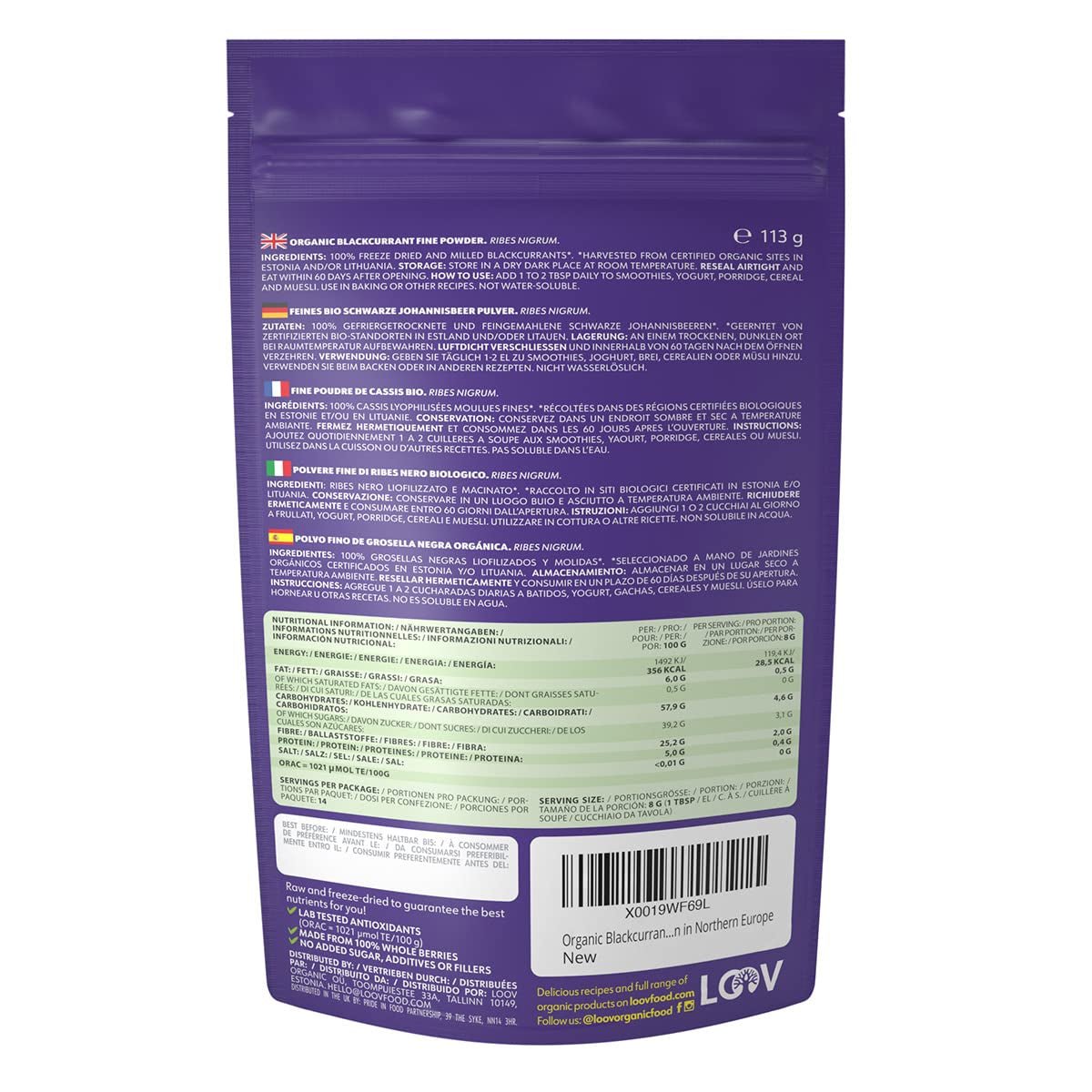 LOOV Organiczna czarna porzeczka w proszku, wykonana w 100% z całych czarnych porzeczek, liofilizowanych i sproszkowanych organicznych jagód, uprawianych w Europie Północnej, bez dodatku cukru, 113g Naty Shop Produkty suszone