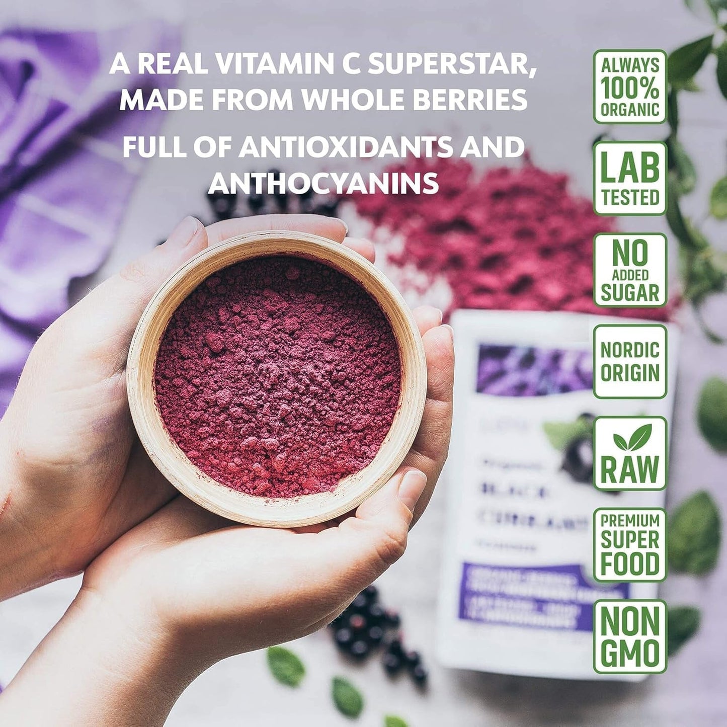 LOOV Organiczna czarna porzeczka w proszku, wykonana w 100% z całych czarnych porzeczek, liofilizowanych i sproszkowanych organicznych jagód, uprawianych w Europie Północnej, bez dodatku cukru, 113g Naty Shop Produkty suszone