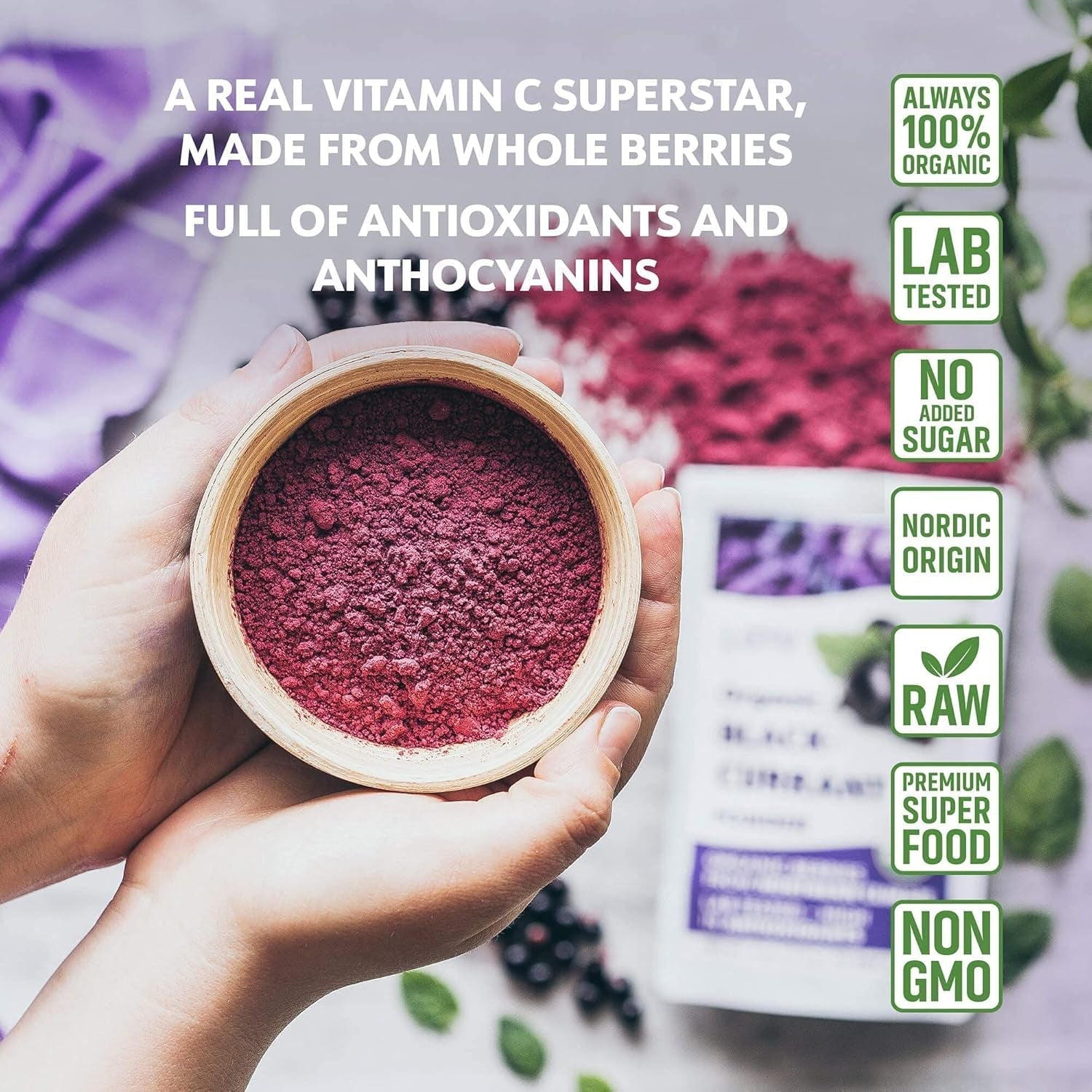 LOOV Organiczna czarna porzeczka w proszku, wykonana w 100% z całych czarnych porzeczek, liofilizowanych i sproszkowanych organicznych jagód, uprawianych w Europie Północnej, bez dodatku cukru, 113g Naty Shop Produkty suszone