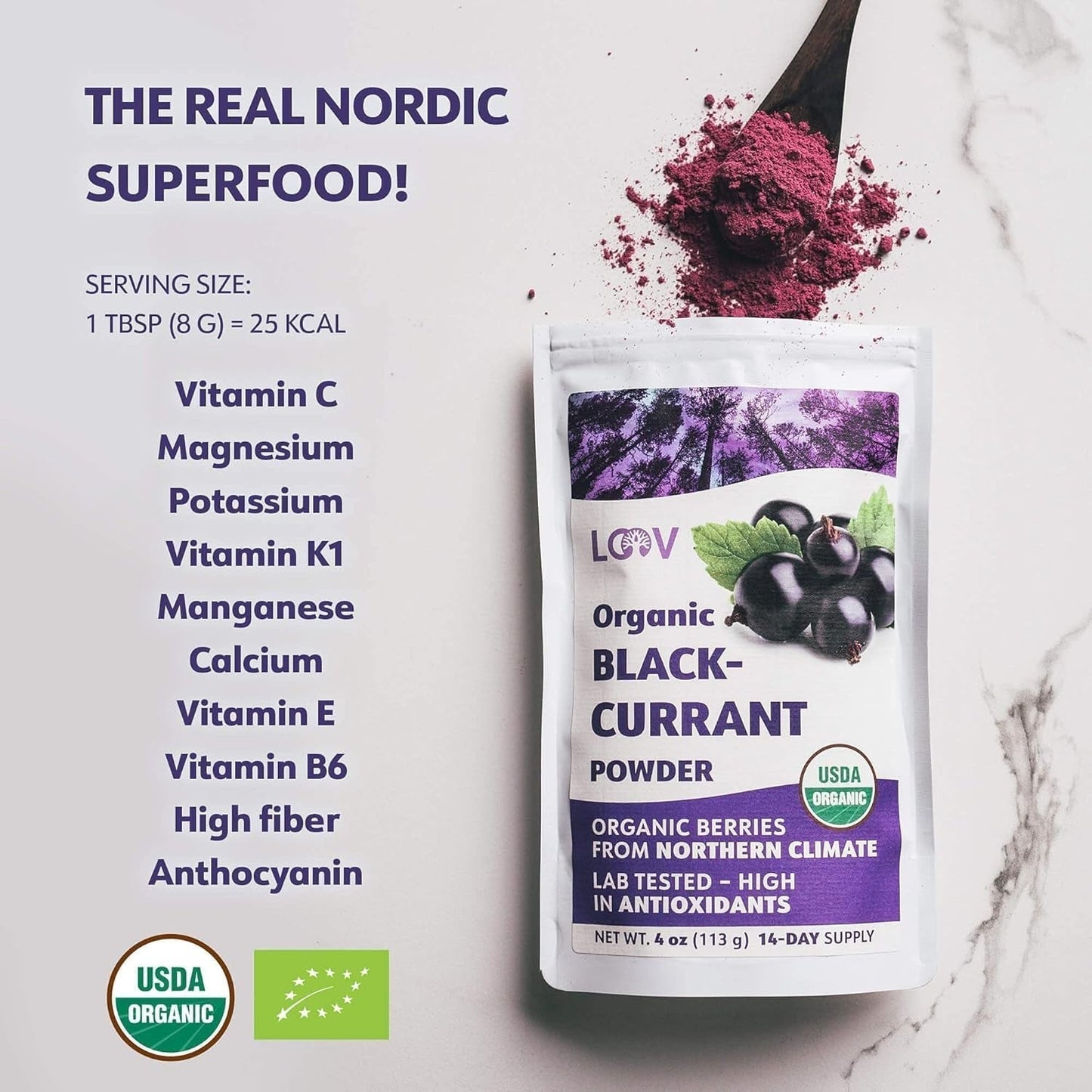 LOOV Organiczna czarna porzeczka w proszku, wykonana w 100% z całych czarnych porzeczek, liofilizowanych i sproszkowanych organicznych jagód, uprawianych w Europie Północnej, bez dodatku cukru, 113g Naty Shop Produkty suszone