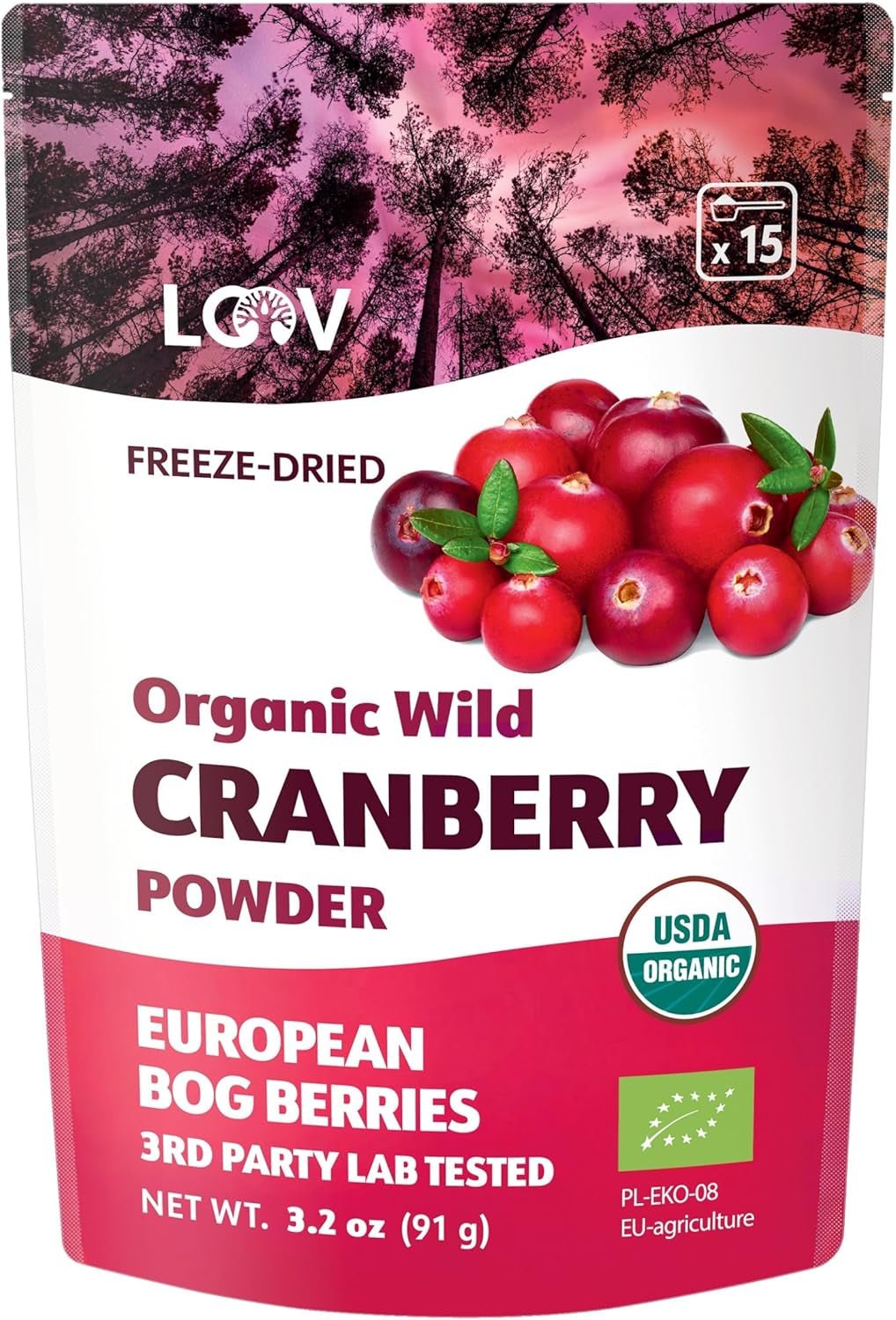LOOV Organiczny proszek jagodowy wyprodukowany w 100% z całych dzikich, liofilizowanych jagód zebranych w lasach Europy Północnej 113 g Bez dodatku cukru Produkty suszone Naty Shop 91 g Proszek żurawinowy