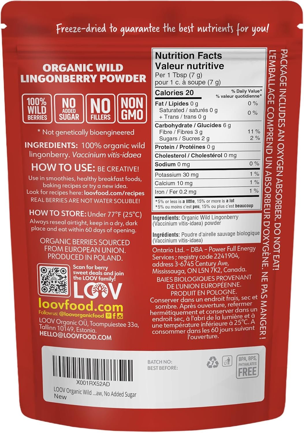 LOOV organiczny proszek jagodowy, wyprodukowany w 100% z całych, liofilizowanych jagód dzikich zebranych w lasach północnej Europy, 113g, bez dodatku cukru Naty Shop Produkty Odwodnione