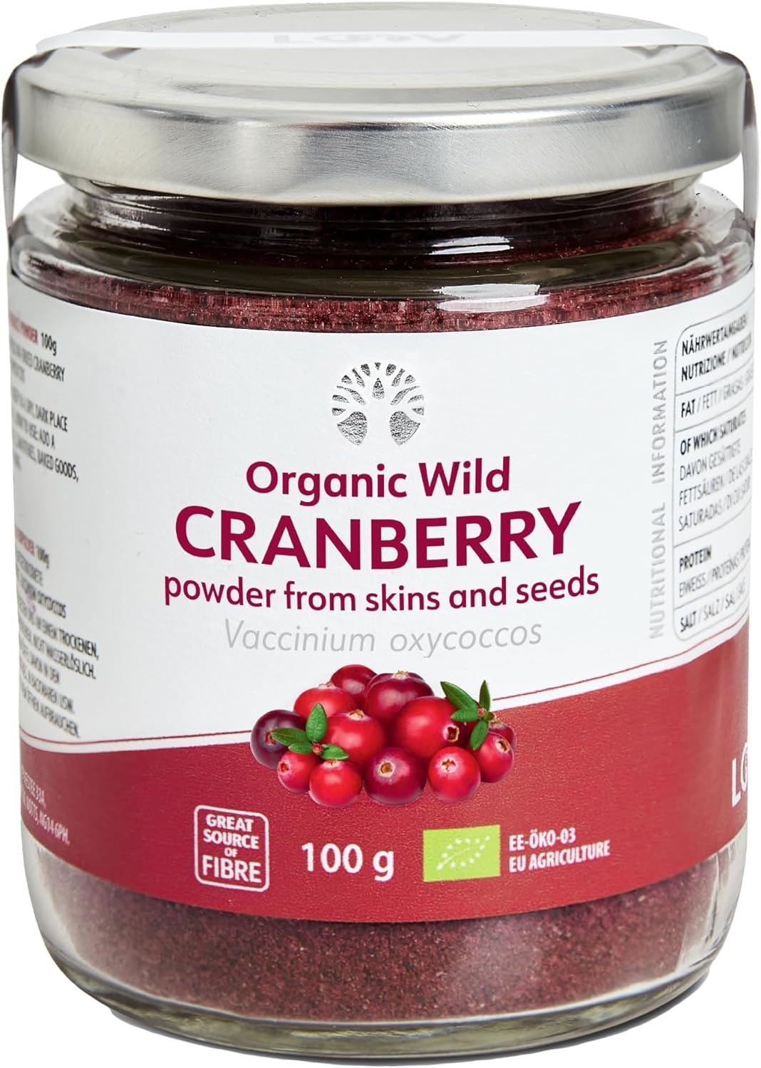 LOOV Organiczny proszek jagodowy wyprodukowany w 100% z całych dzikich liofilizowanych jagód zebranych w lasach Europy Północnej 113g Bez dodatku cukru Produkty suszone Naty Shop 100g Sproszkowane otręby żurawinowe
