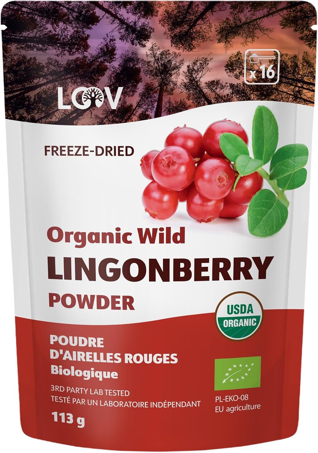 LOOV organiczny proszek jagodowy wyprodukowany w 100% z całych, liofilizowanych dzikich jagód zebranych w lasach północnej Europy 113g, bez dodatku cukru Naty Shop Dehydrated Products 113G Żurawina w proszku