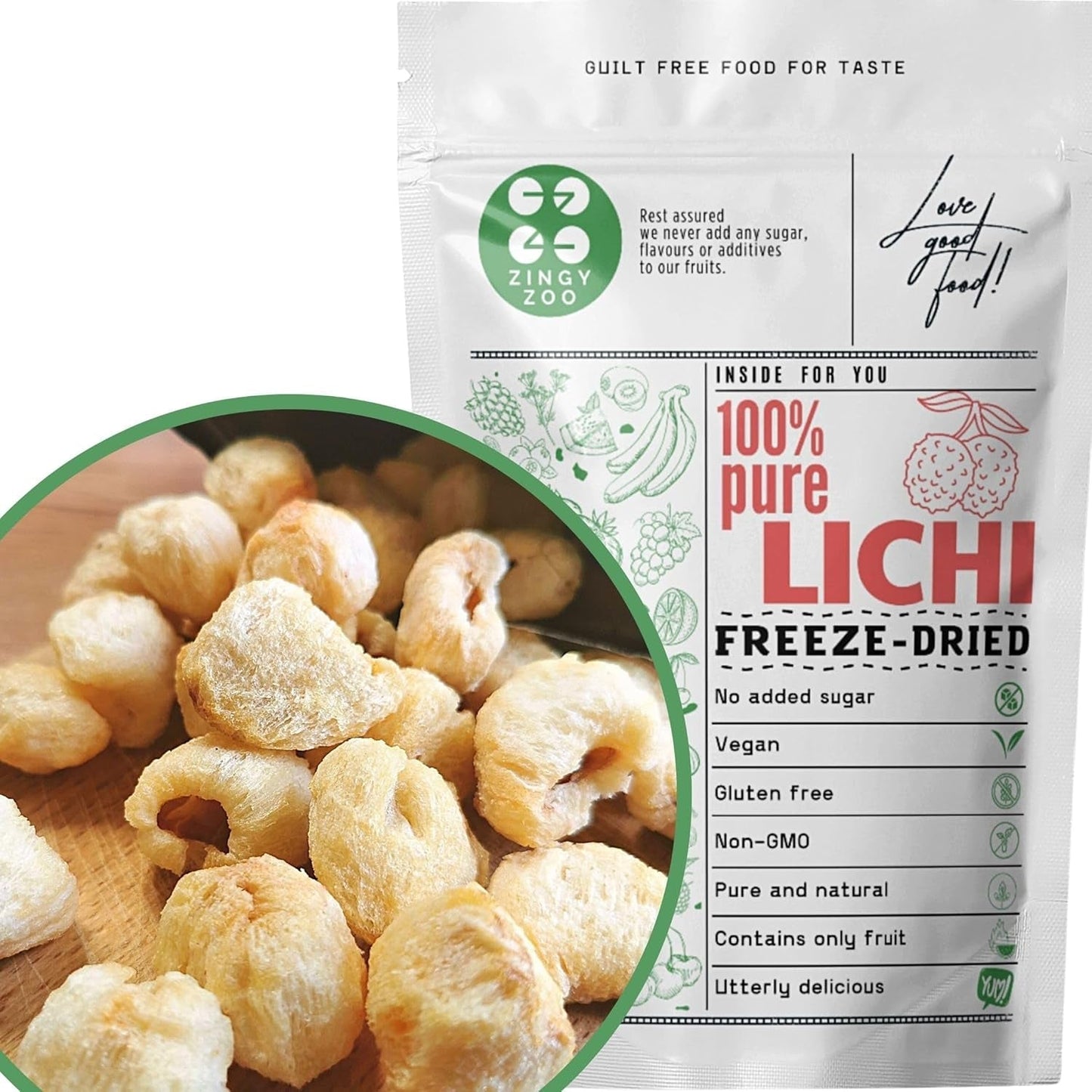 Liofilizowane liczi | 100% liczi suszone liofilizowane owoce | naturalnie suszony Wegański bezglutenowy | Nie sok z liczi Syrop z liczi | Liofilizowane owoce tropikalne liczi | ZingyZoo Produkty suszone Naty Shop Domyślny tytuł