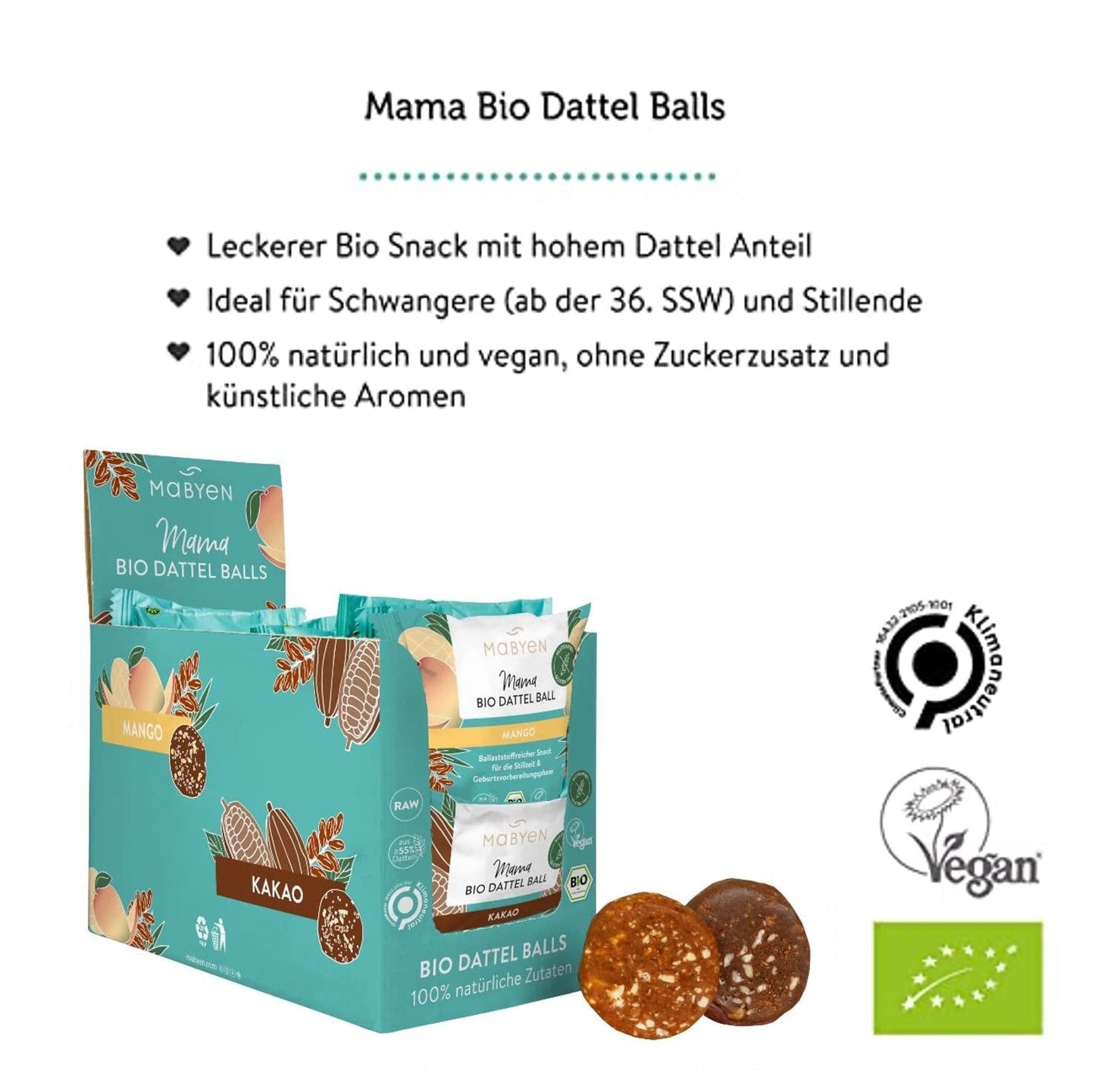 MABYEN Energy Balls Daktylowe Organiczne 20 szt. | Kulki Daktylowe - Zdrowe Przekąski Bez Cukru dla Ciąży i Karmienia Piersią - Batony Proteinowe Z Suszonymi Owocami - 13 x Kakao i 7 x Produkty Odwodnione o Smaku Mango Naty Shop